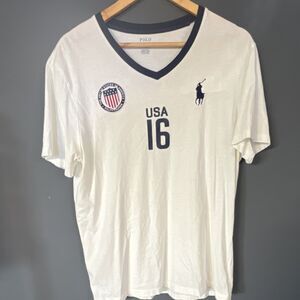 Polo Ralph Lauren Men's White Navy V-Neck Cotton T-Shirt Logo USA L